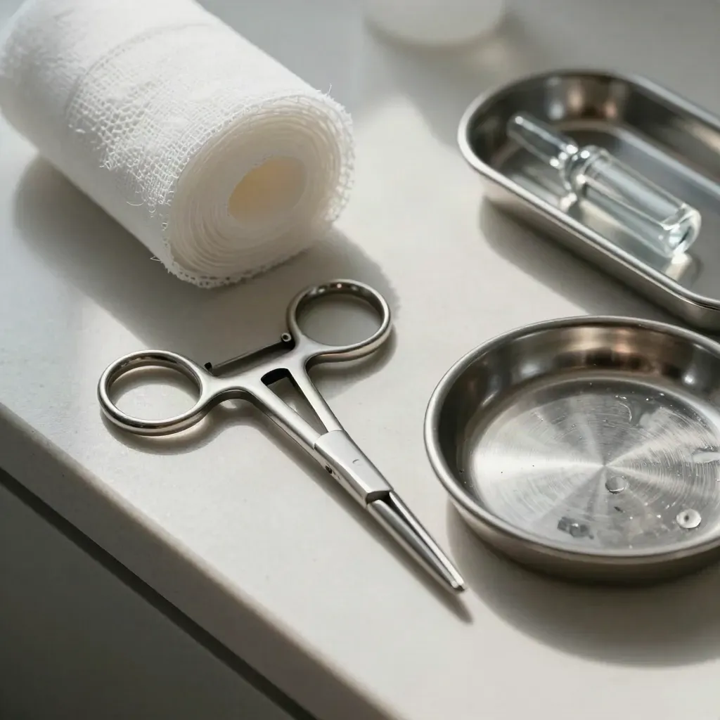 Macro flat lay of cleaned surgical forceps, gauze rolls, ampoule tray, and steel dish