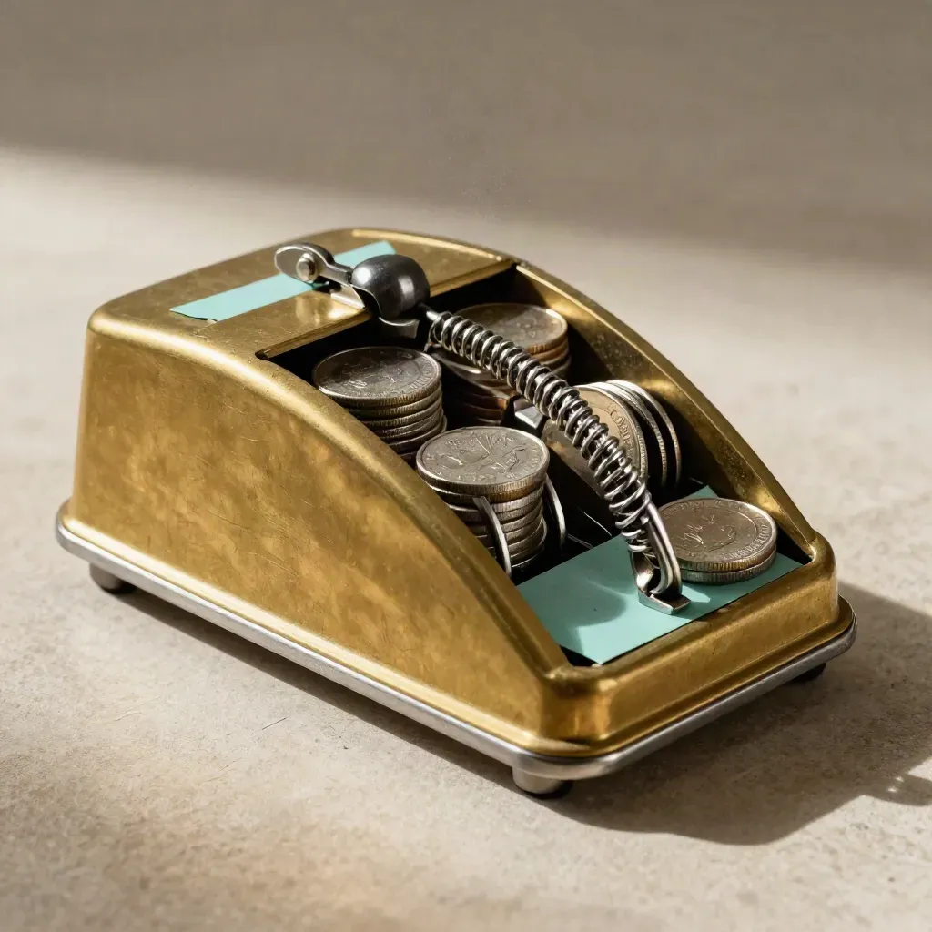 Brass tally counter, spring clips, and coin tray on stone with a teal accent