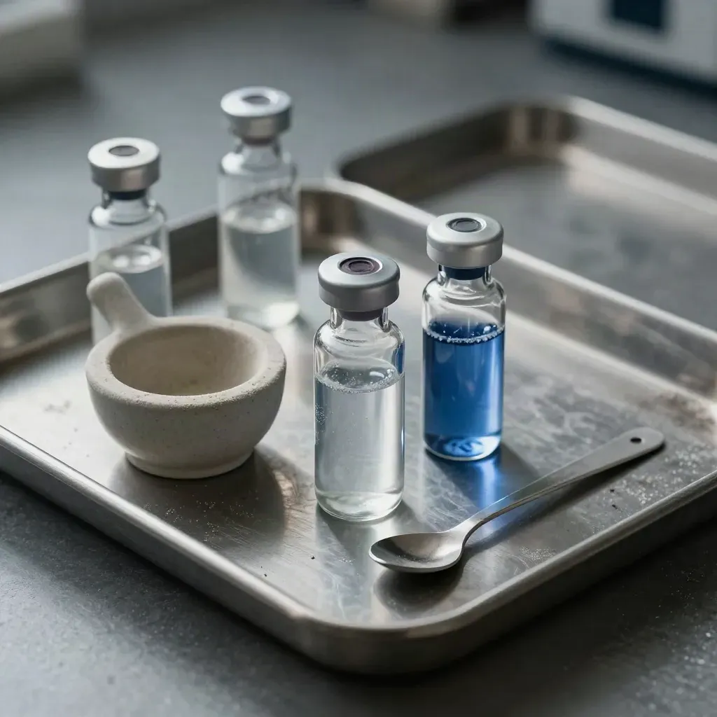 Top-down lab still life with vials, mortar, sample spoon and tray on a graphite bench.