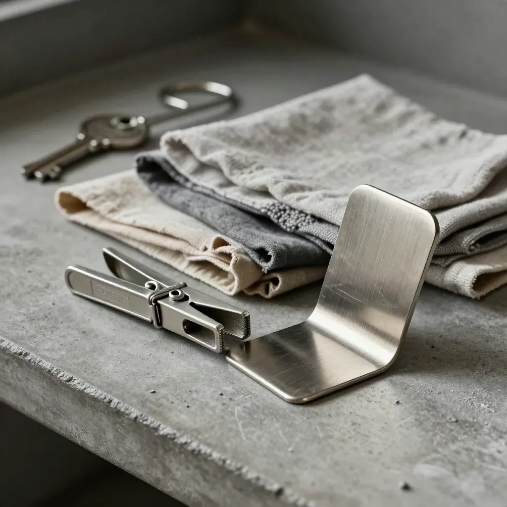 Retail display hardware and calico swatches on a dusty concrete surface, dramatic studio light
