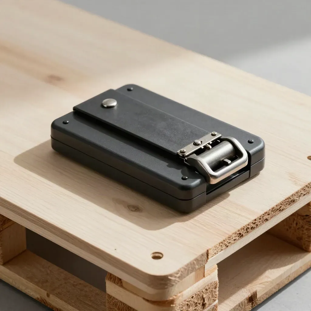 Top-down freight still life with cargo seal, buckle, corner protector and pallet guard on pale wood.