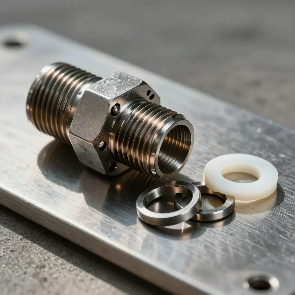 Macro still life of cable gland, braided conduit, valve wheel segment and steel rings on metal.