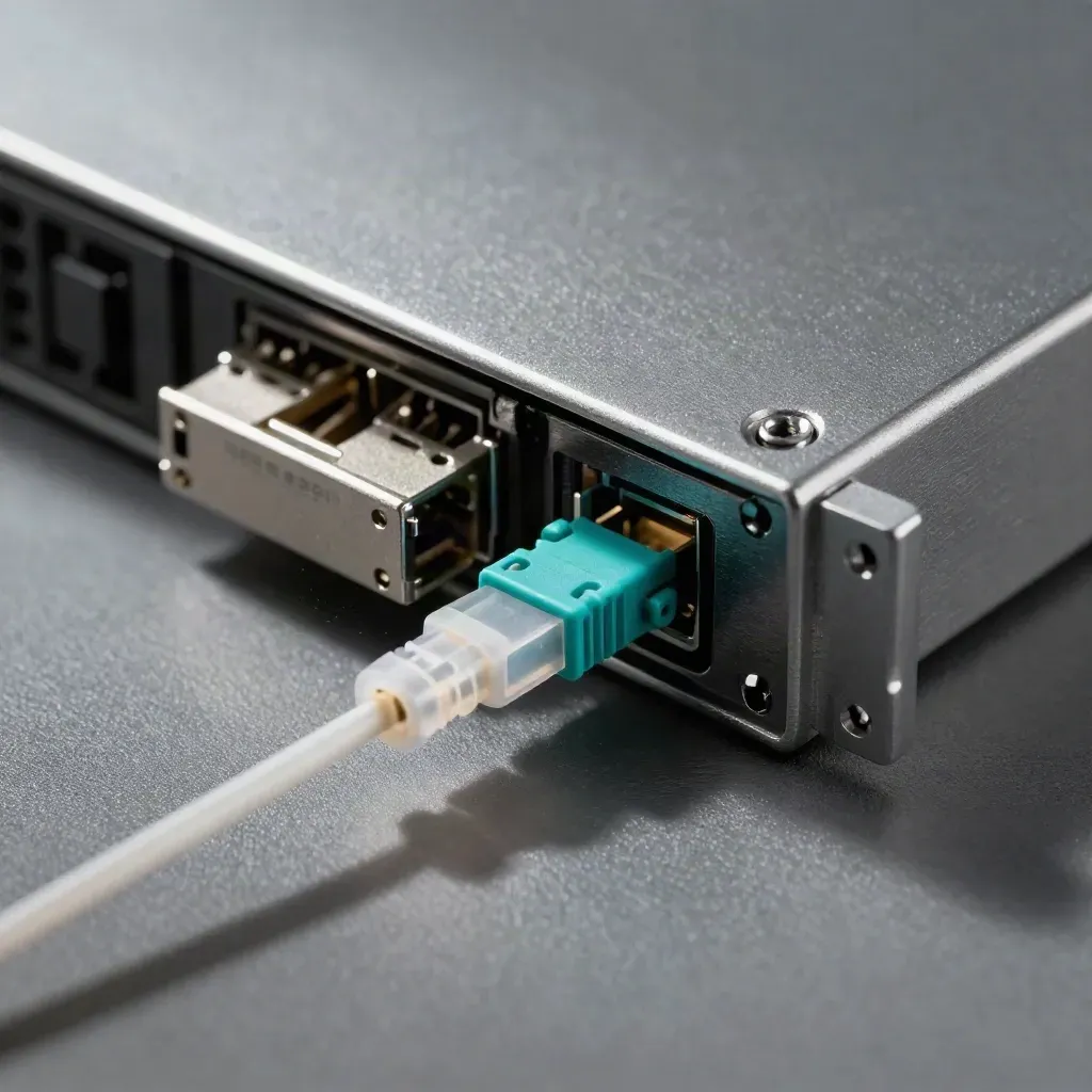 Macro of a server bracket, SFP transceiver and fibre jumper on a graphite surface.