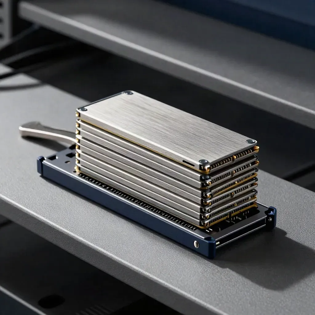 Top-down SSD cartridges, expansion sled, and spacer rails on a graphite tray.
