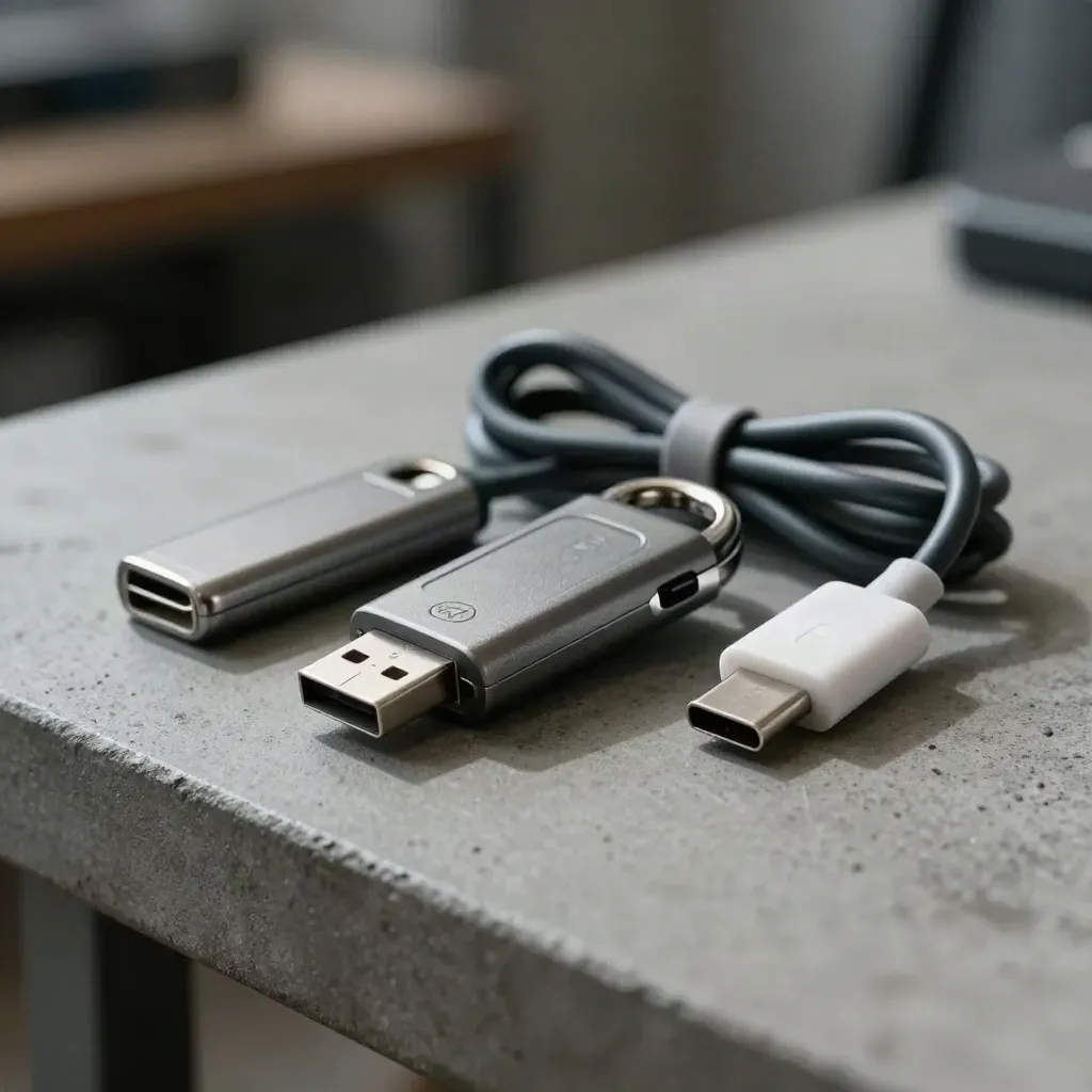 Hardware security key, USB-C cable and deployment dongle on clay-grey concrete in raking light.