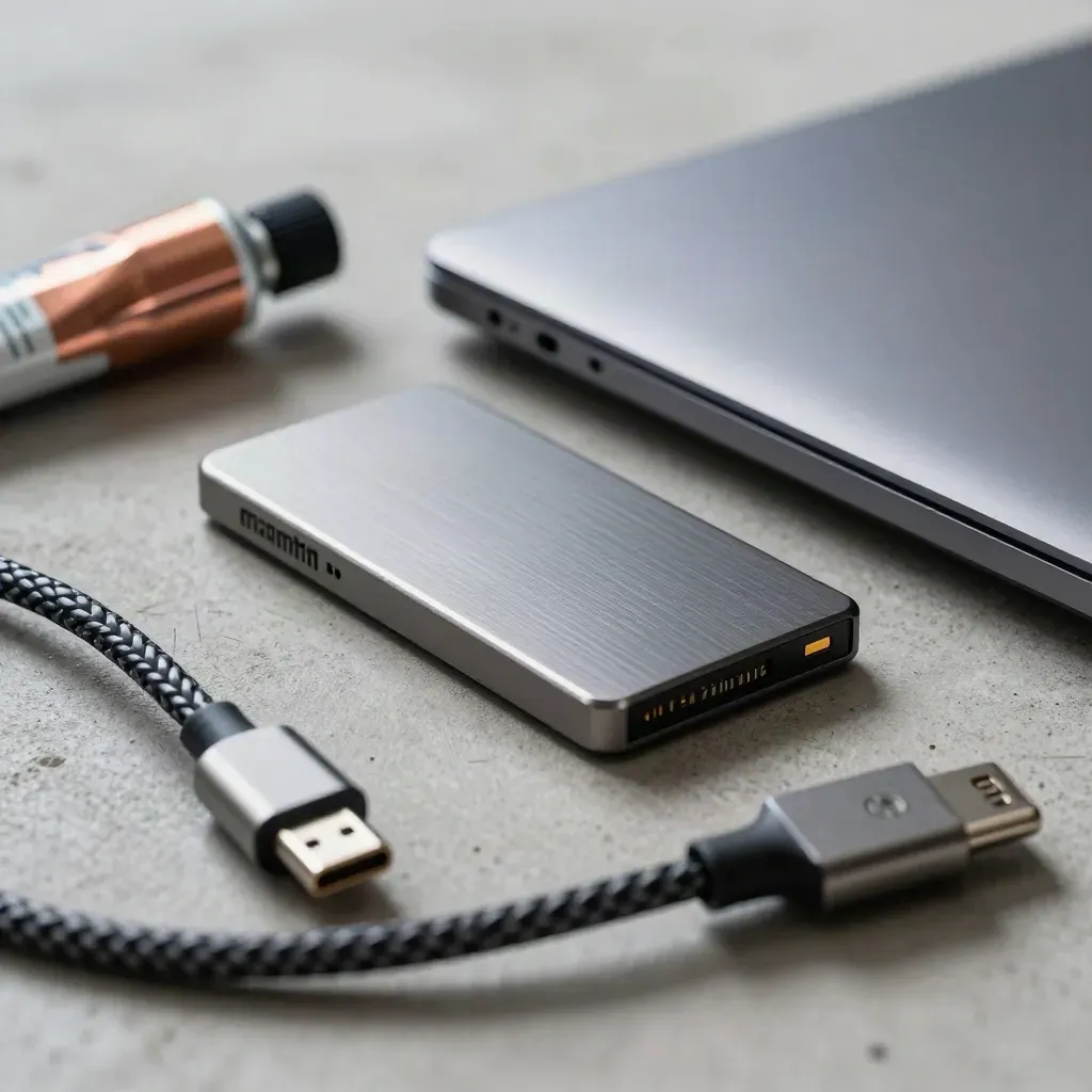 Macro still life of SSD, braided USB-C cable, thermal paste tube and laptop shell on a workbench.