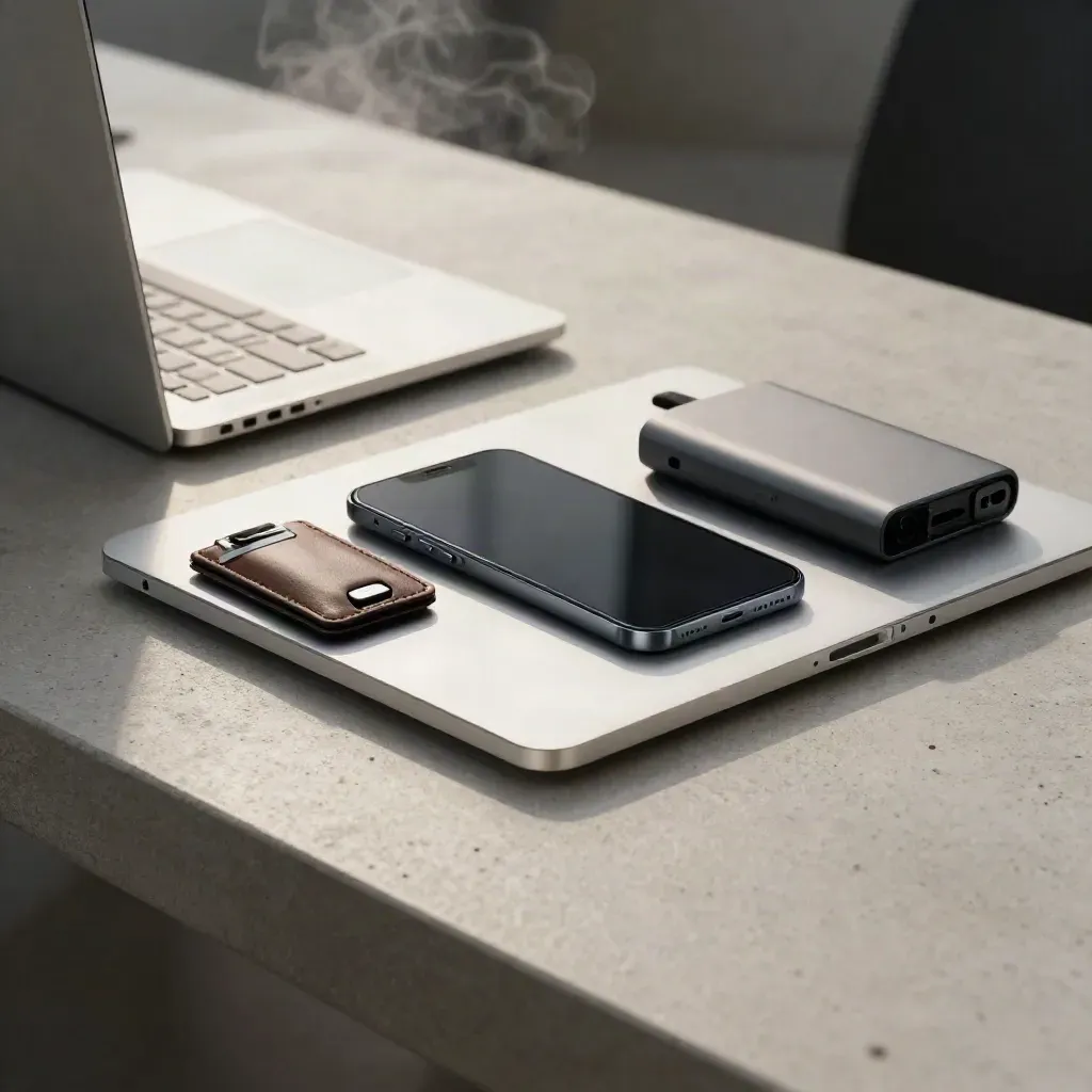 Closed laptop, phone, keycard wallet and power bank on a pale desk seen through frosted glass.