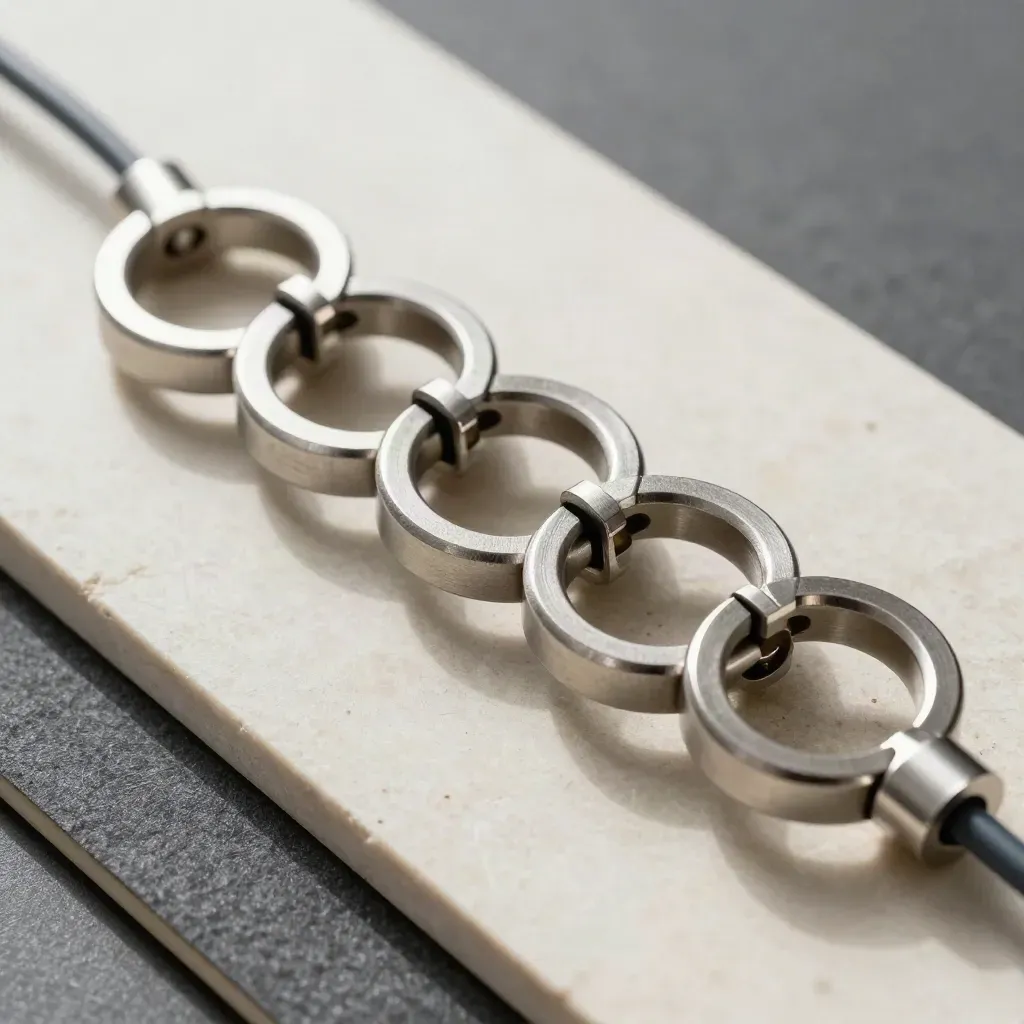 Brushed-steel rings, connector blocks and magnetic cable heads on a limestone slab