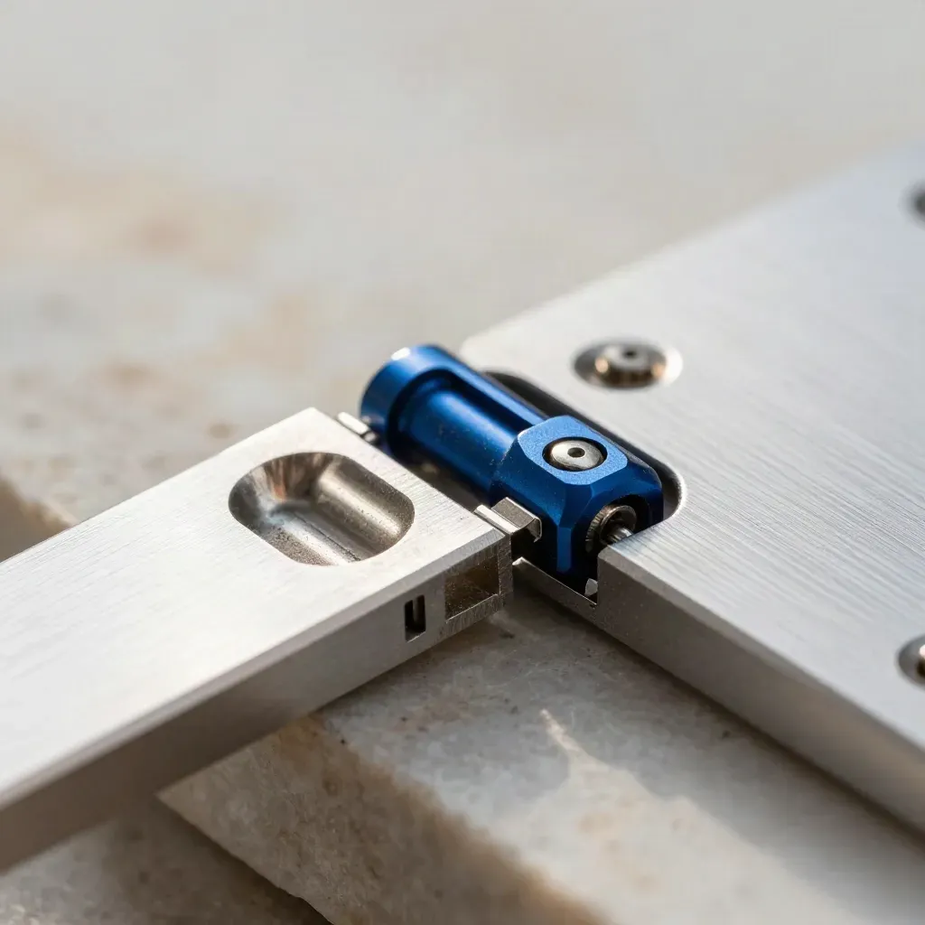 Macro of machined hinge plates, hex spacers, and a folded aluminium card holder on stone.