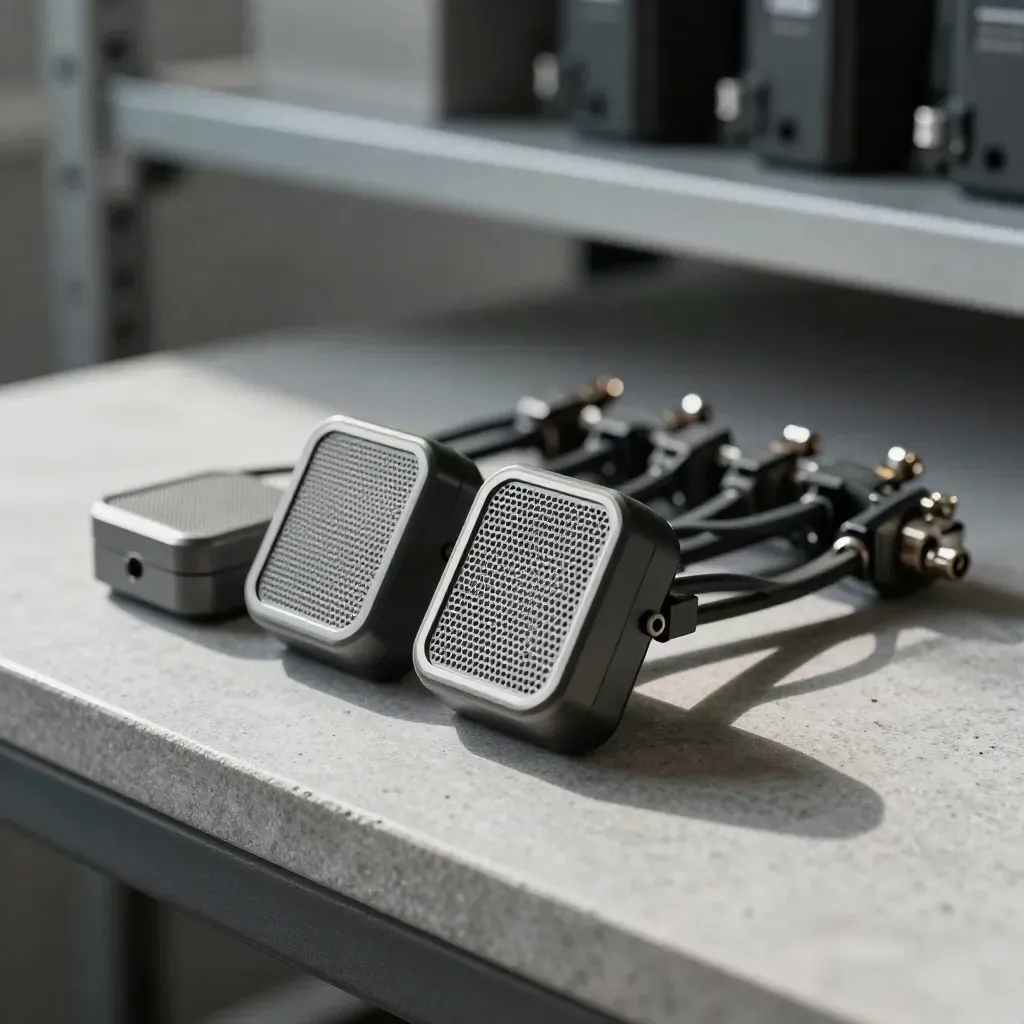 Graphite sensor pucks and mesh connectors fanned on stone under soft daylight.