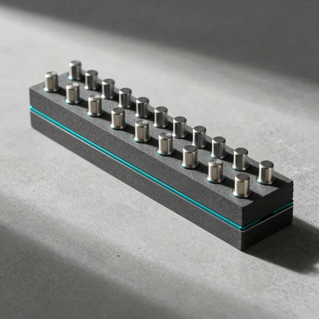 Top-down modular blocks and alignment pins on concrete, lit with hard skimming light.