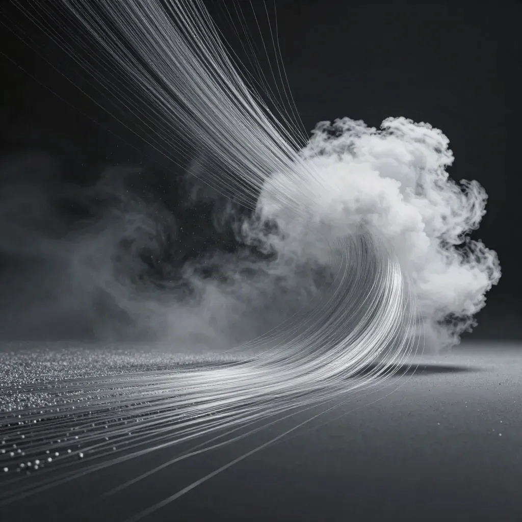 Silver filaments bloom in graphite haze with drifting motes.
